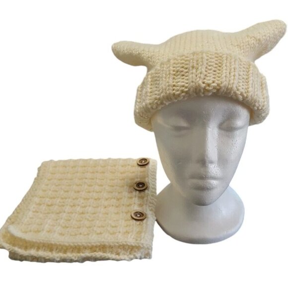 Cat Ear Beanie & Neck Warmer Set Winter Warm Ski Cap Hand Made Beige - Picture 2 of 7